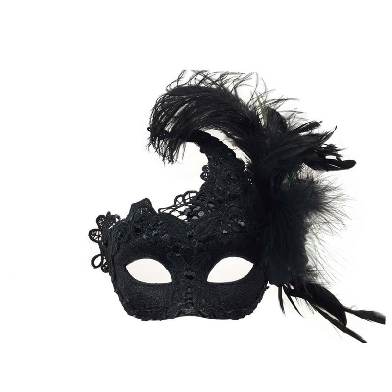 Black venetian mask with feathers and brocade lace