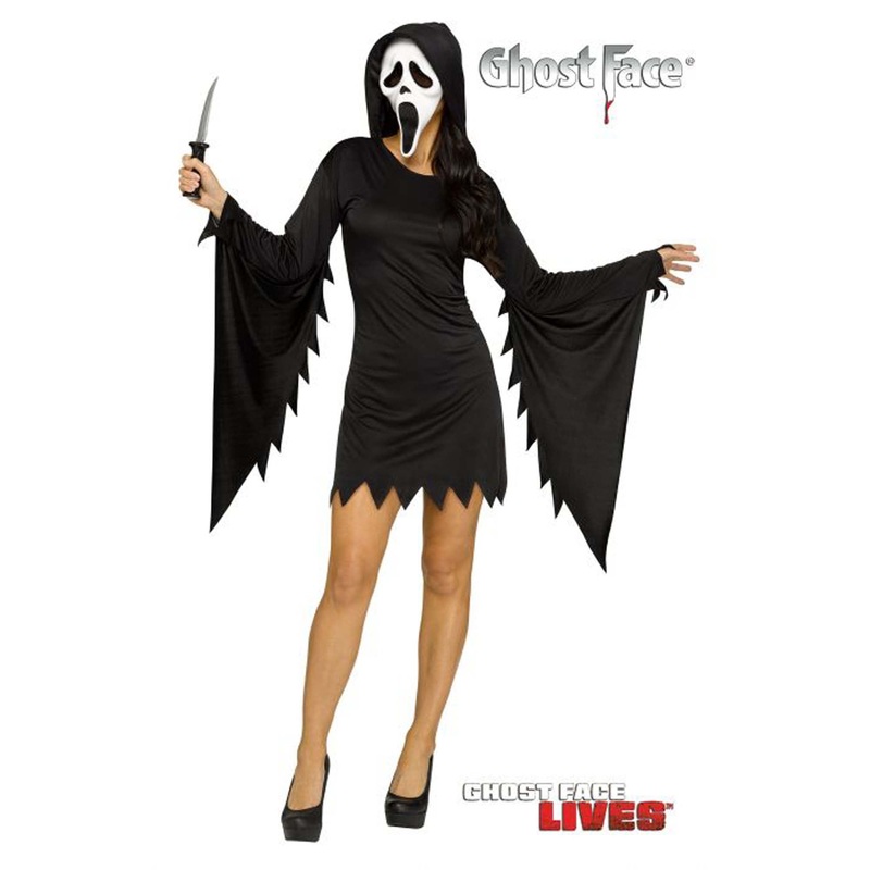 Scream Ghost Face Glamour Costume for Adults, Black Hooded Dress