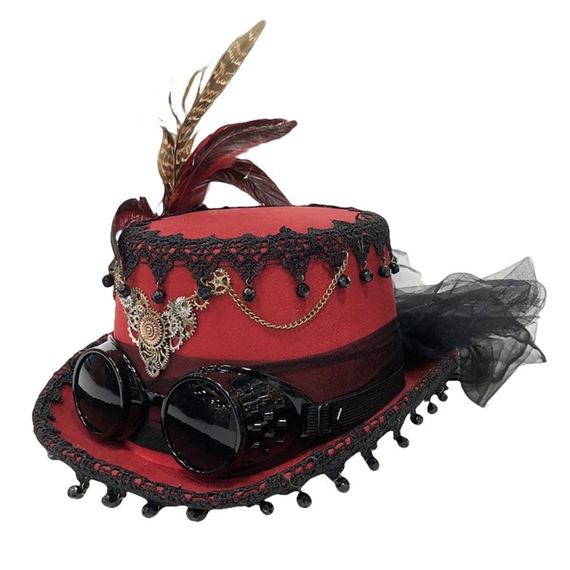 Red steampunk hat with goggles for adults