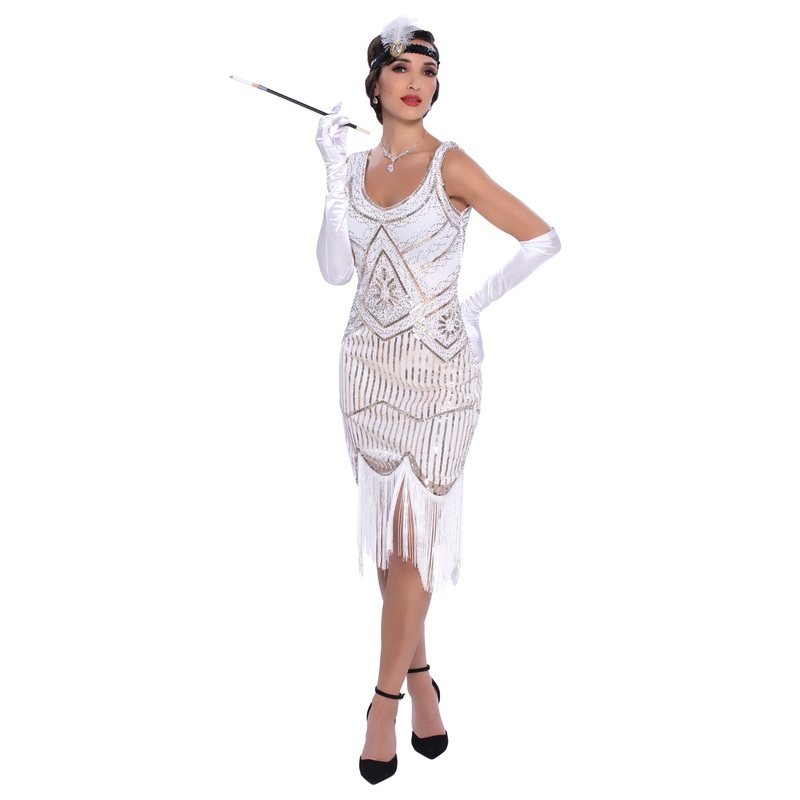 1920s Gatsby Elegant Lady Costume for Adults, White and Gold Dress