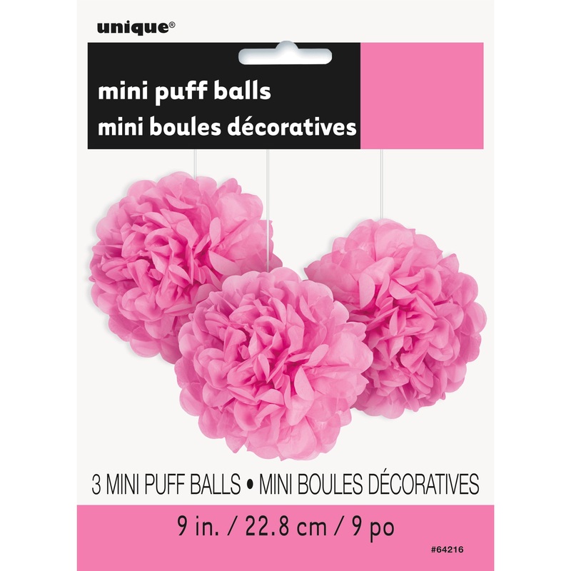 Hot Pink Mini Puff Hanging Decorations, 9 Inches, 3 Count