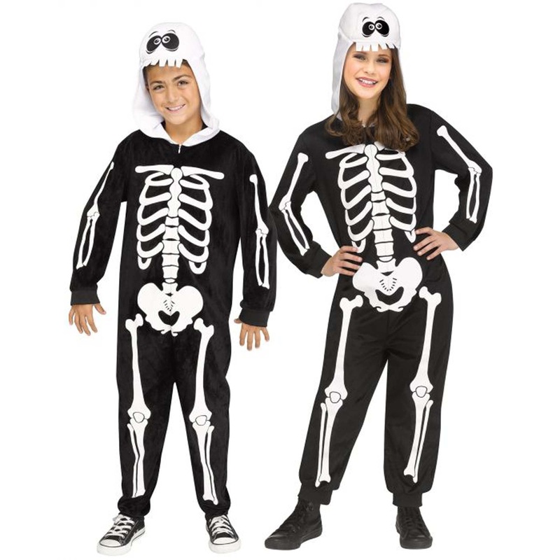 Skeleton Squad Zipster Costume for Kids, Black and White Hooded Jumpsuit