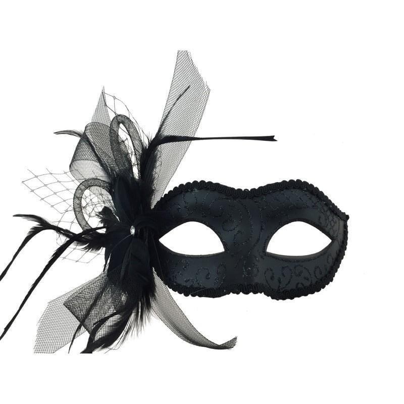 Black venetian mask with feather