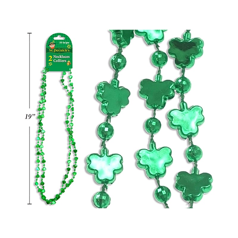 St-Patrick's Green Beaded Shamrock Necklaces, 19 Inches, 2 Count