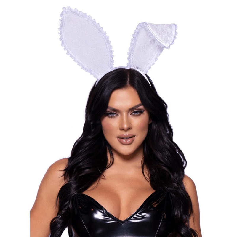 White Bendable Lace Bunny Ears Headband for Adults