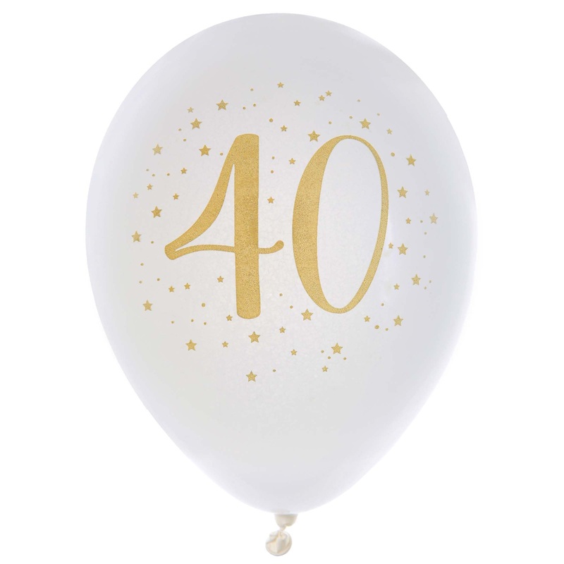 White and Gold 40th Birthday Latex Balloons, 12 Inches, 6 Count