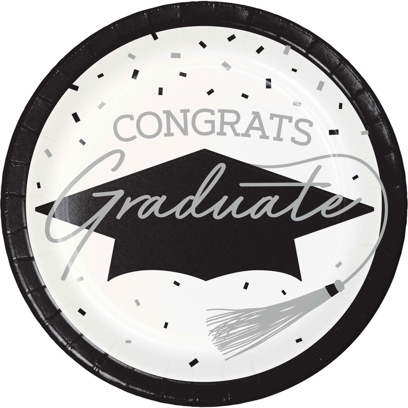White Grad Large Round Lunch Paper Plates, 9 Inches, 18 Count
