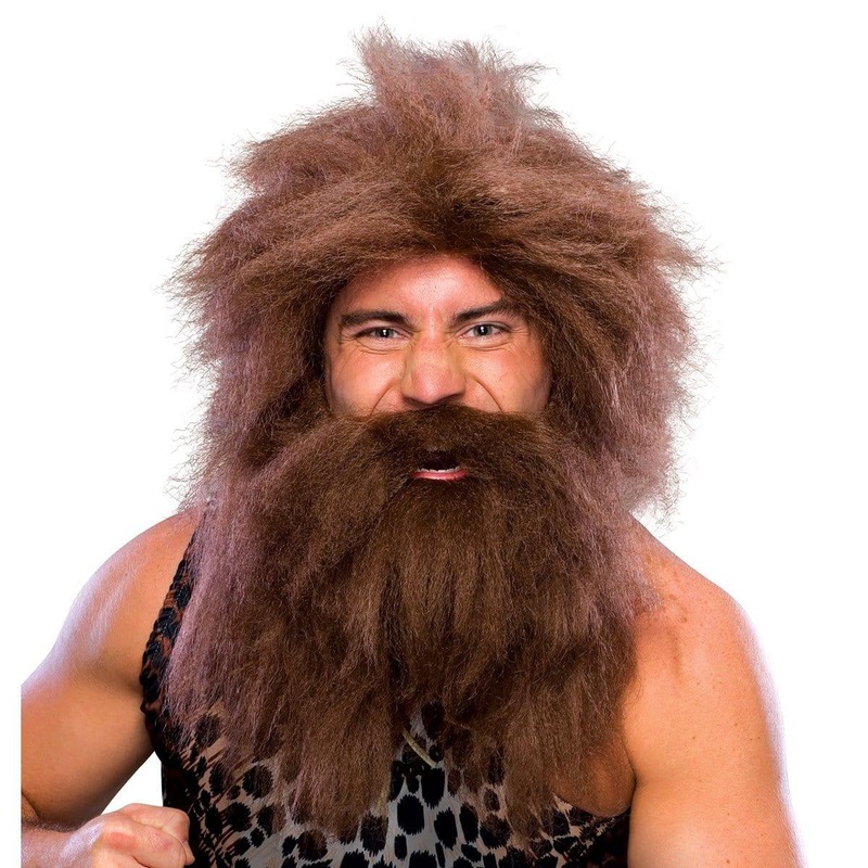 Prehistoric caveman brown wig & beard set for men