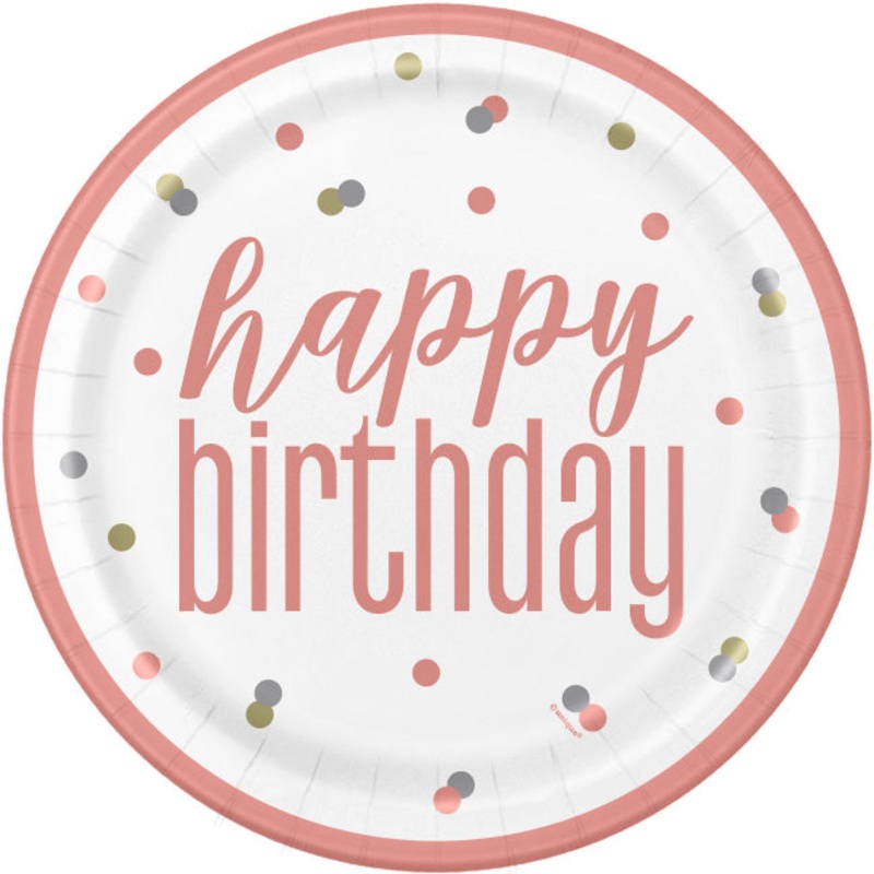 PAPER PLATES  - ROSE GOLD BIRTHDAY - PACK OF 8