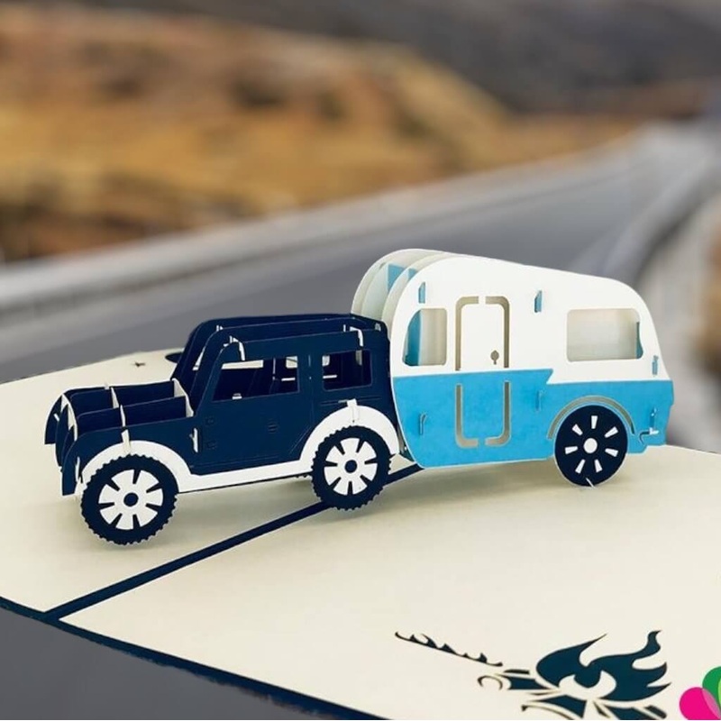 Blue 4WD Towing Vintage Caravan Pop Up Card