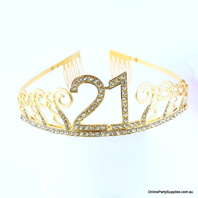 Sparkling Rhinestone Age 21 Birthday Metal Tiara - Gold