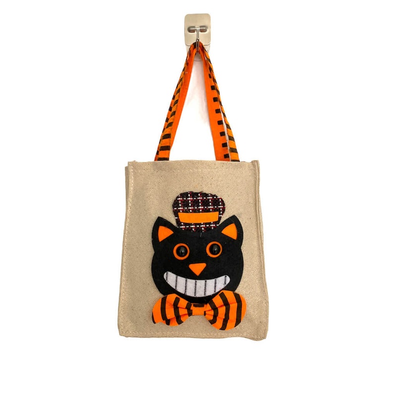 Trick or Treat Grinning Black Cat Hessian Tote Bag