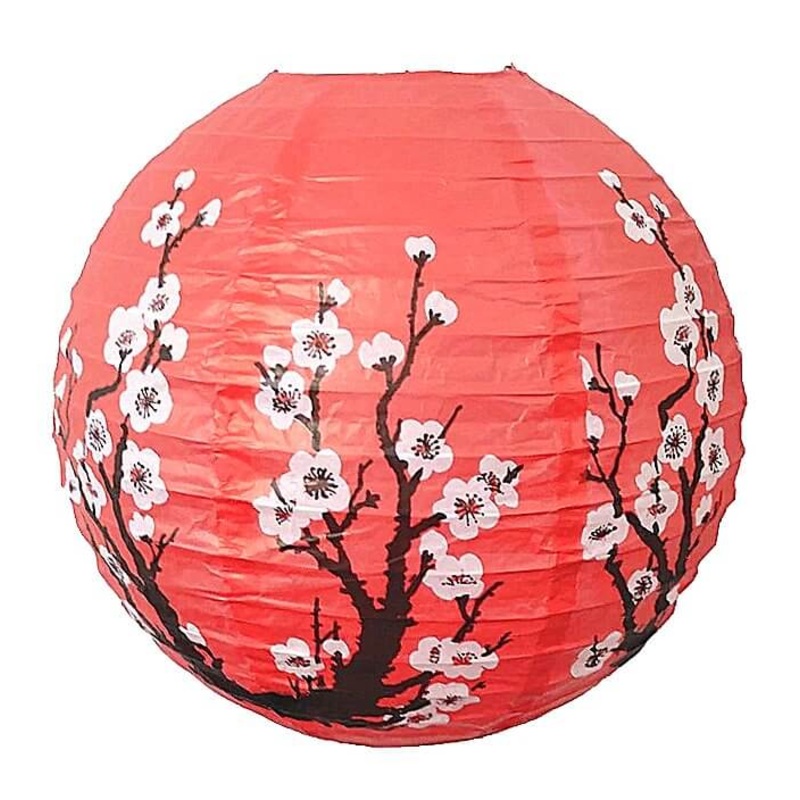 White Cherry Blossom Red Paper Lantern 30cm