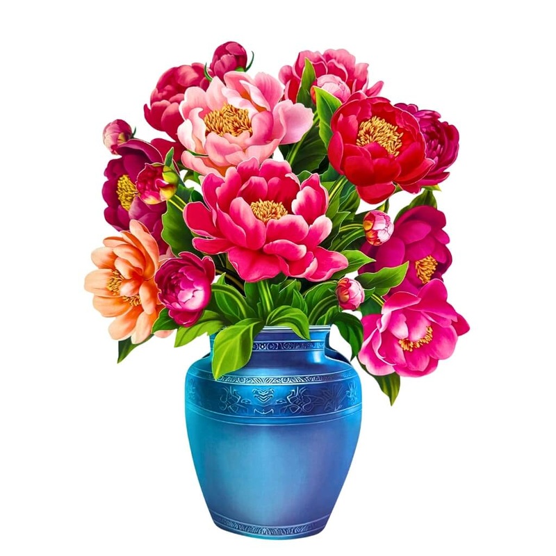 3D Pop-Up Pink Peony Bouquet in Blue Ceramic Vase