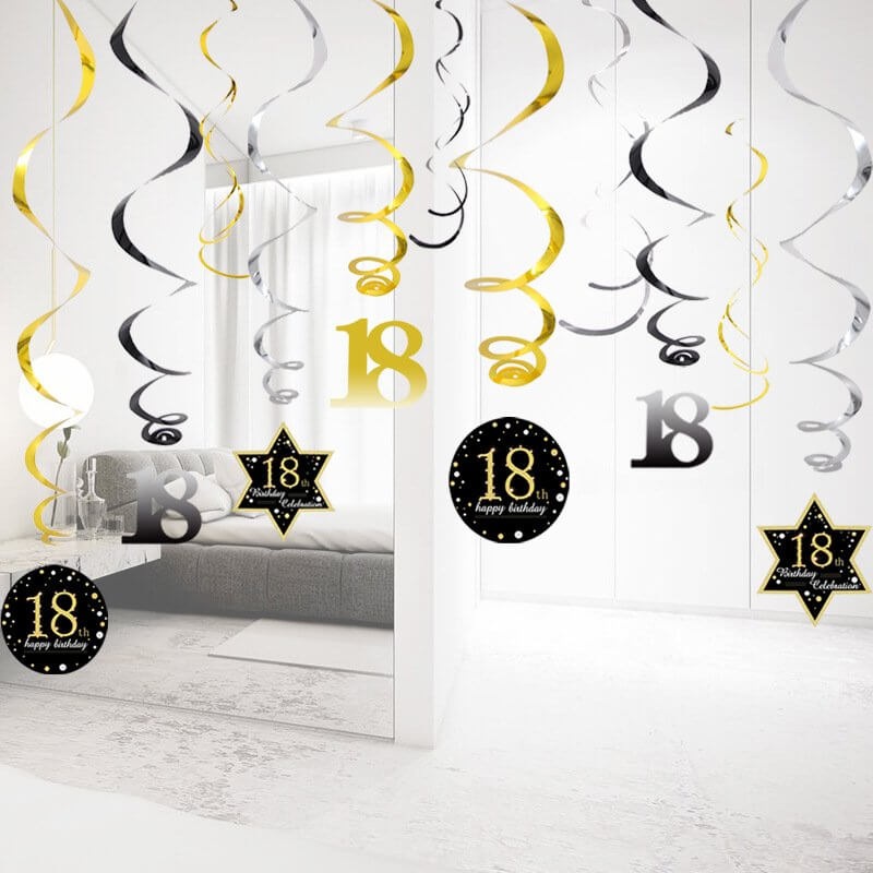 Black Gold Happy 18th Birthday Swirls Party Decorations