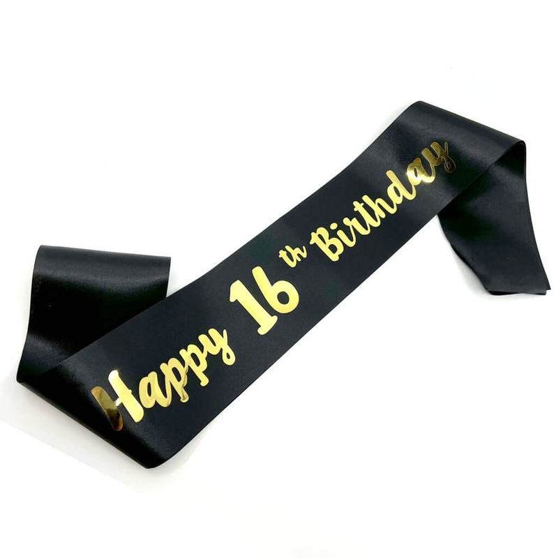 Black 'Happy 16th Birthday' Sash - Gold Foil Print