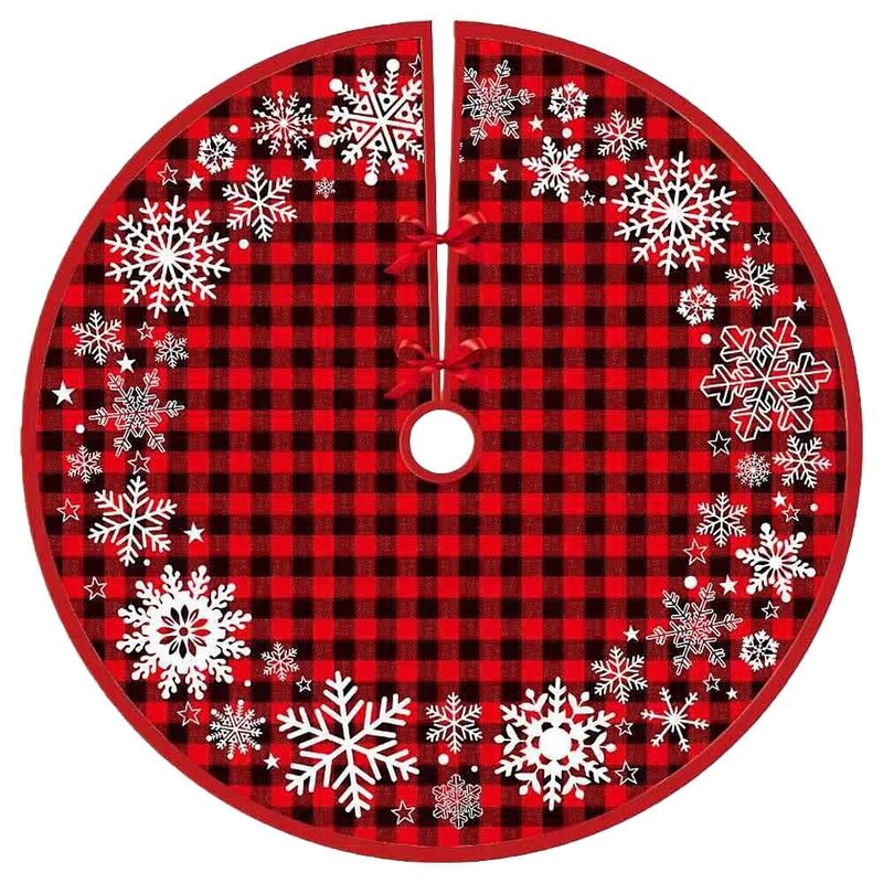Black Red Gingham Christmas Fabric Tree Skirt - Snowflake Wreath