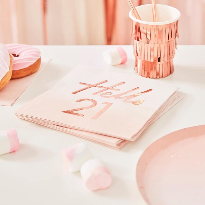 Rose Gold Watercolour Hello 21 Birthday Napkins 16pk