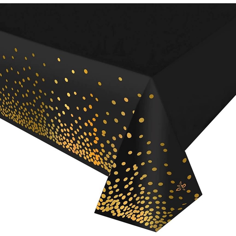 Soft Plastic Rectangular Gold Confetti Dot Black Table Cover