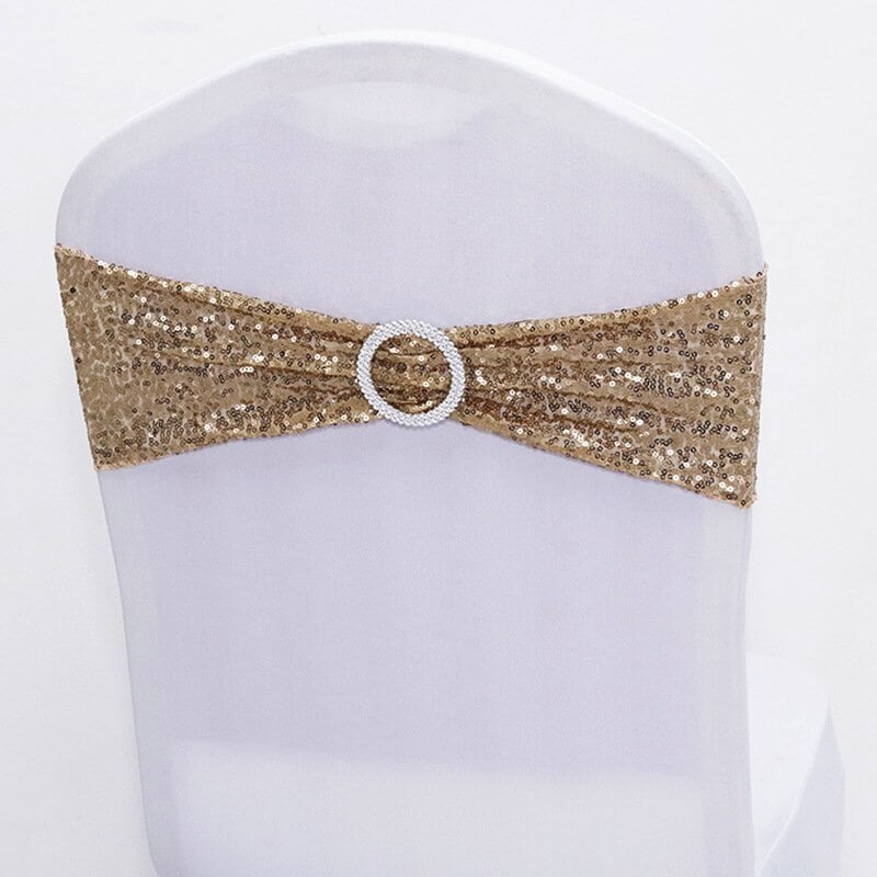 Sparkly Sequin Lycra Chair Sash - Champagne Gold