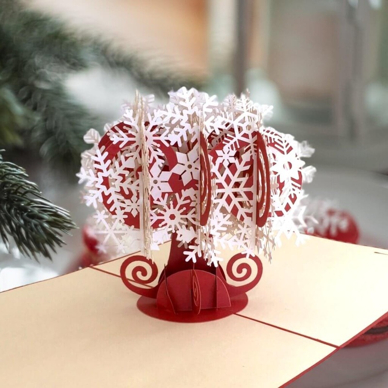 White Red Christmas Snowflake Tree Pop Up Card - Red Cover