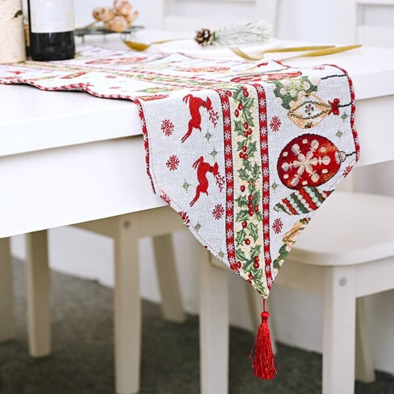 Woven Jacquard Christmas Table Runner with Tassel - Reindeer