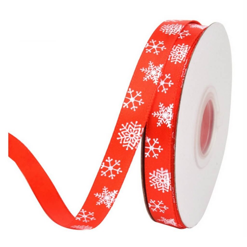 Christmas Snowflake Red Satin Ribbon Spool 25 Yards