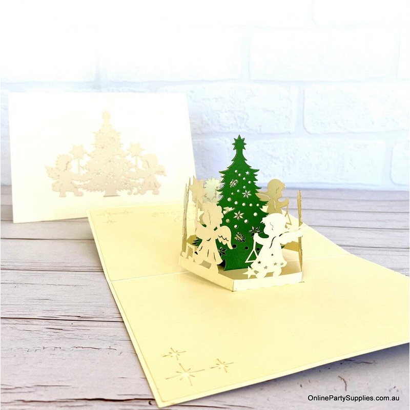 White Angels Dancing Around Christmas Tree Pop Up Card