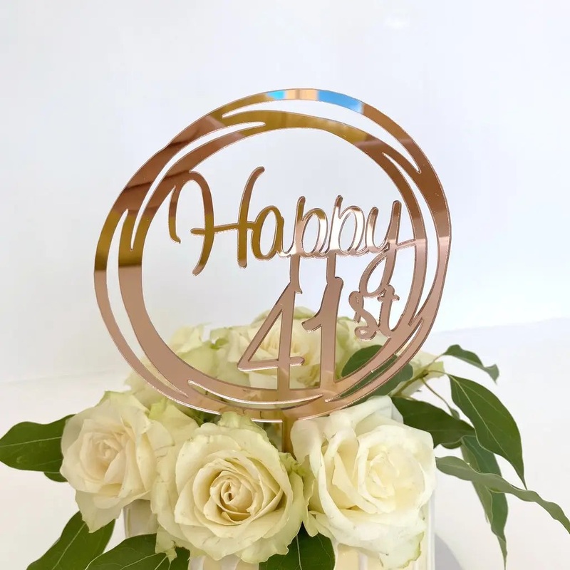 Acrylic Rose Gold Geometric 'Happy 41st' Cake Topper