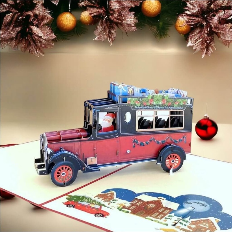 Santa Driving Vintage Red Car with Xmas Presents Pop Card