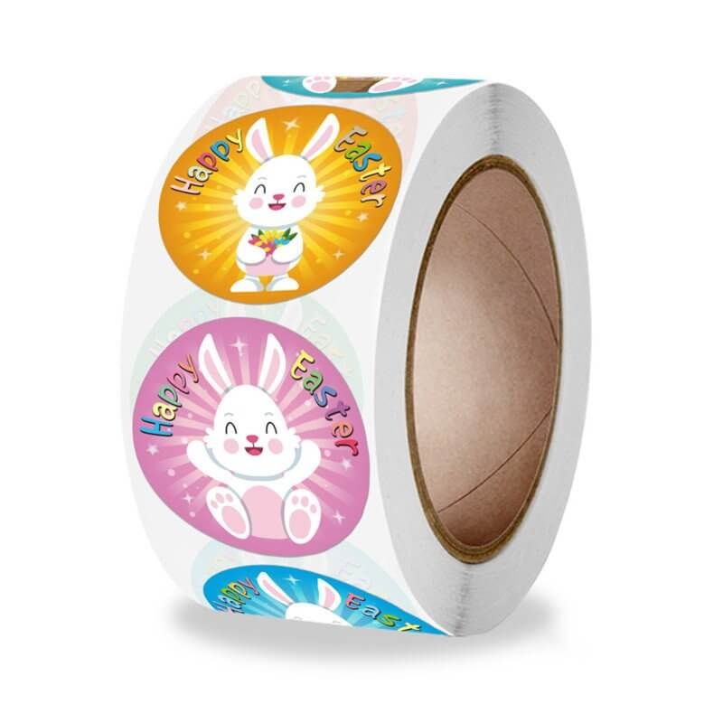 2.5cm Round Colourful Happy Easter Bunny Rabbit Stickers 50pk