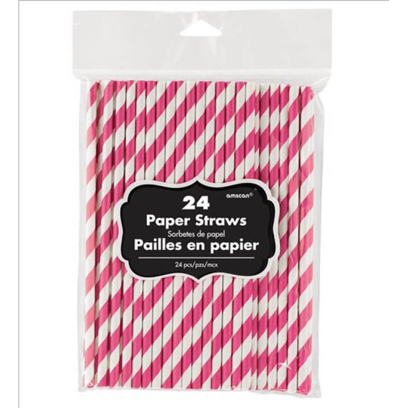 Bright Pink Striped Paper Straws 24pk