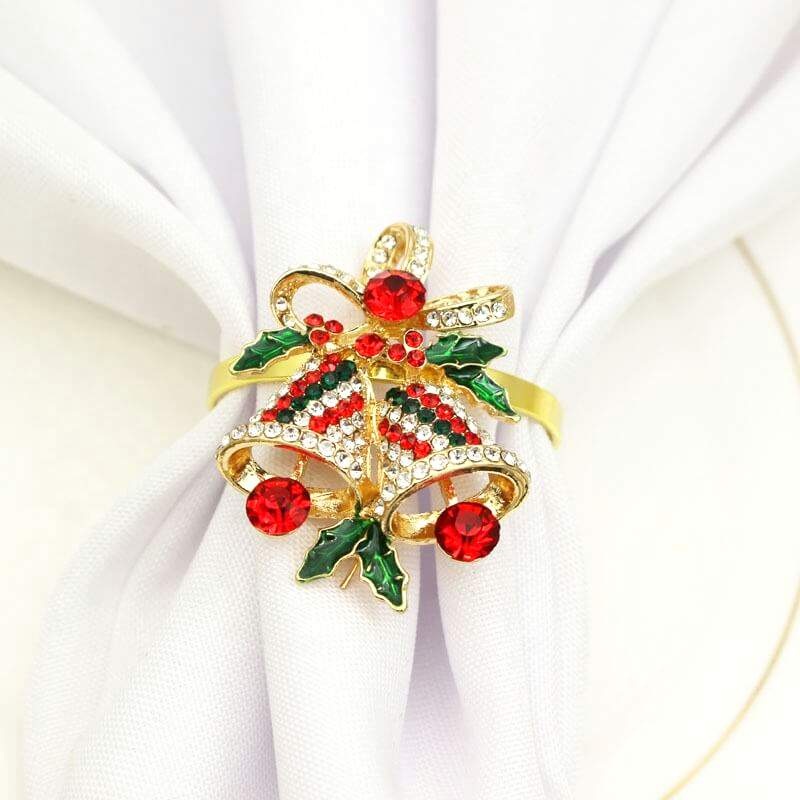 Metal Rhinestone Christmas Napkin Ring - Xmas Bells
