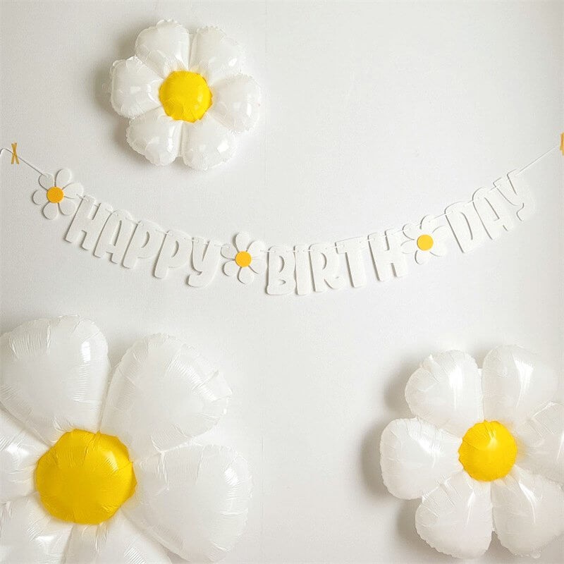 White Happy Birthday with White Daisy Flower Felt Banner