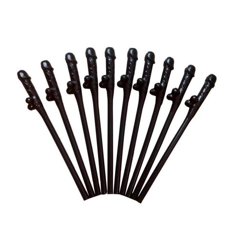 Black Naughty Hens Party Penis Drinking Straws 10pk