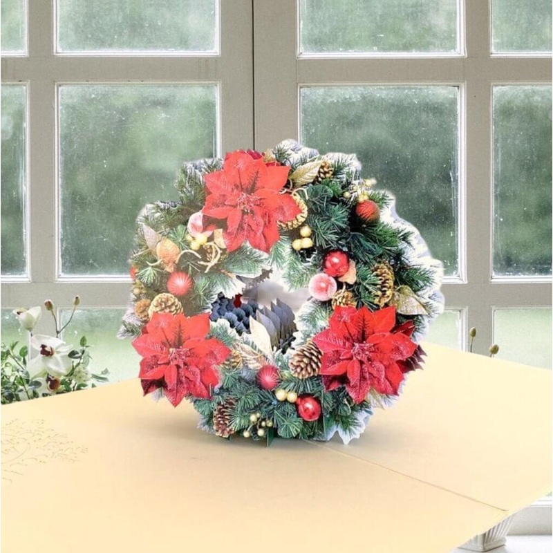 Christmas Red Poinsettia & Gold Pine Flower Wreath Pop Card