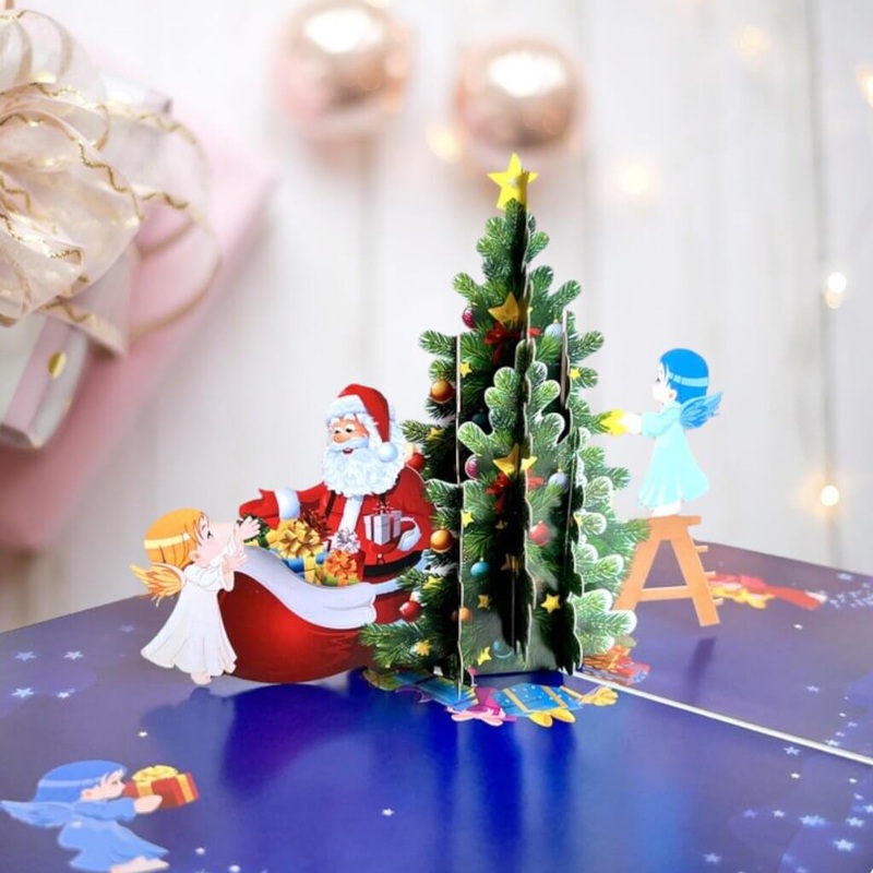 Santa & Baby Angel Decorating Tree Pop Up Christmas Card
