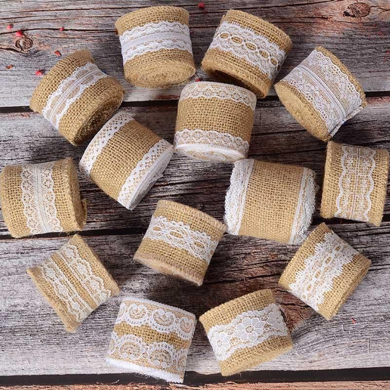 2m Natural Jute Burlap Ribbon Roll with White Lace
