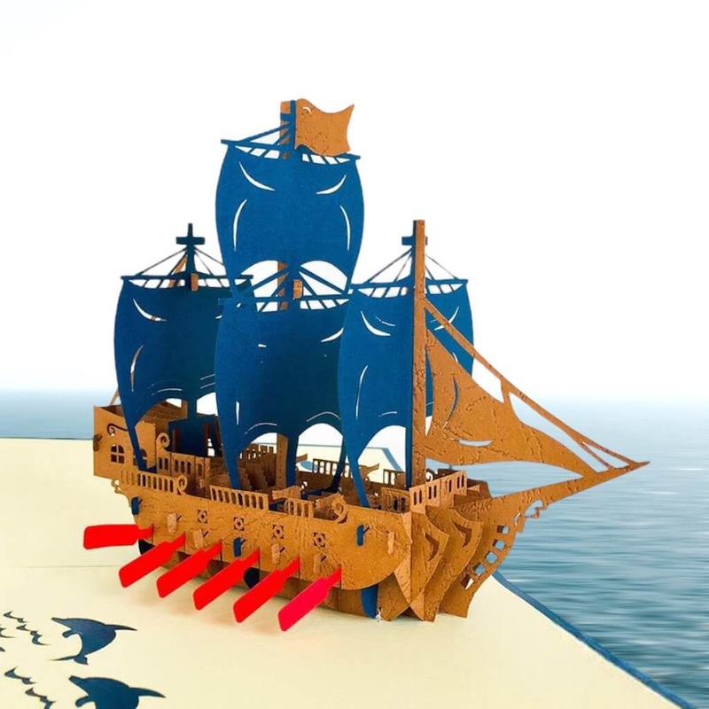 Blue Viking Boat Ship Pop Up Card