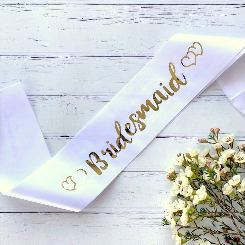 White Bridesmaid with Hearts Sash - Gold Foil Print