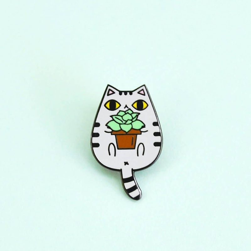 Cat and Plant Enamel Pin