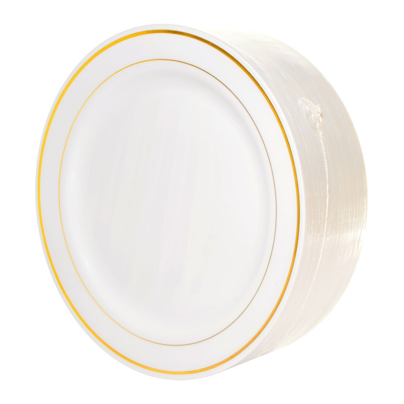 White with Gold Trim 9in Round Plastic Plates 50ct