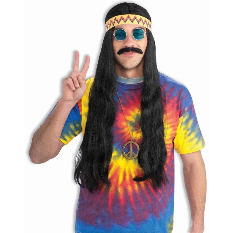 Hippie Dude Long Black Wig w/ Headband