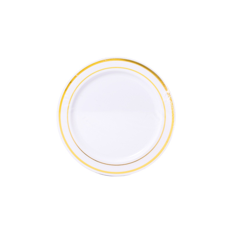 White with Gold Trim 6in Round Plastic Plates 12ct