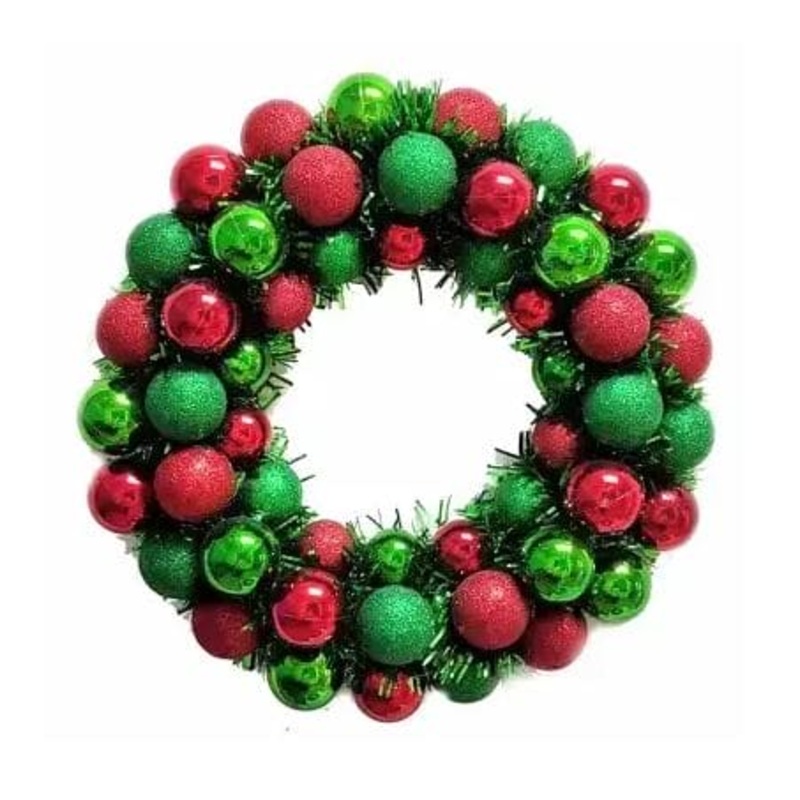 Shatterproof Glitter Ball Wreath 16" Red & Green Balls w/ Green Tinsel
