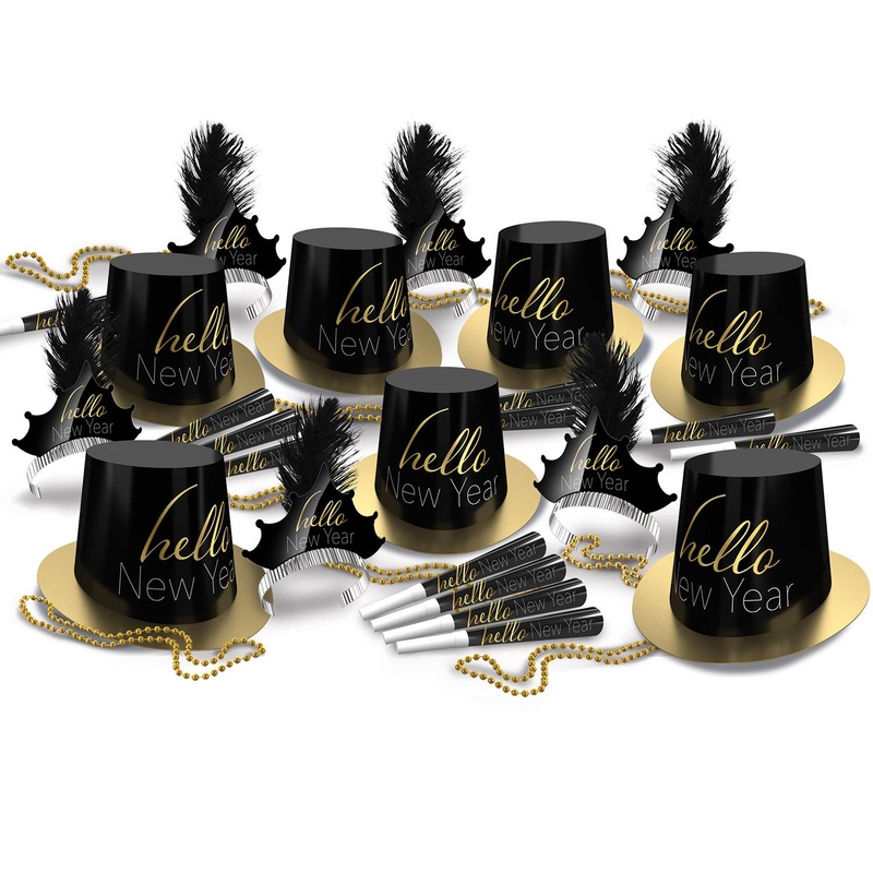 Beistle Hello New Year Black and Gold Party Kit for 50 People