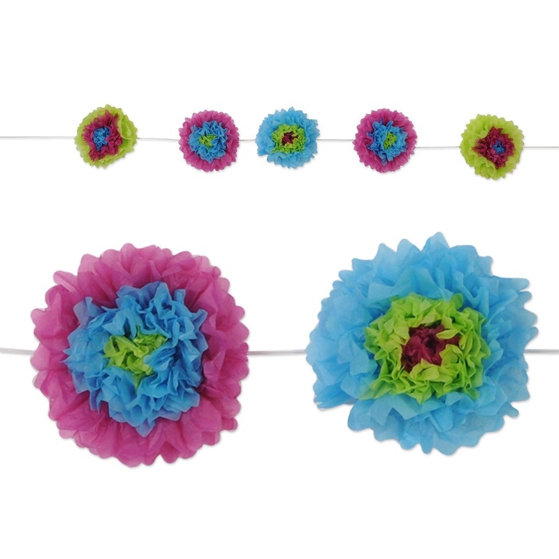 6 Pack Beistle Tissue Flower Party Garland - blue - lime green - purple