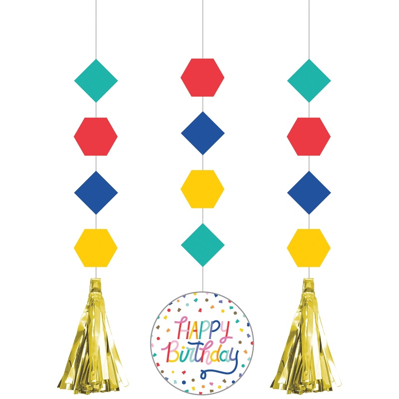 Birthday Confetti Hanging Cutouts w/ Tassels (3/Pkg)