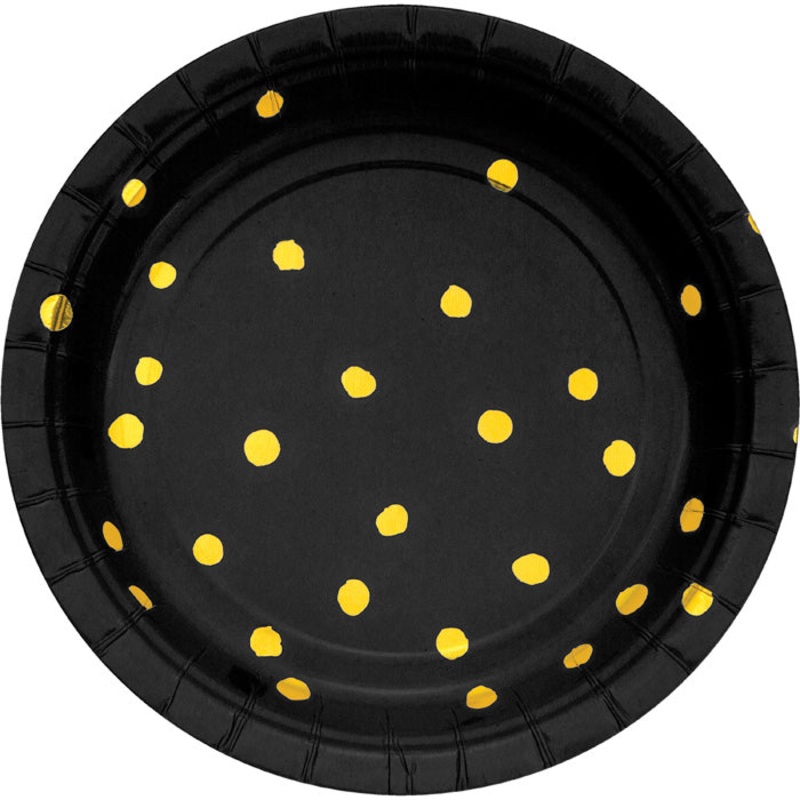 Black & Gold Foil Dot Paper Dessert Plates (8/Pkg)