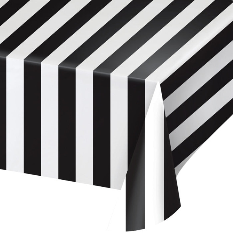 Black & White Stripes Plastic Tablecover 54" X 108"
